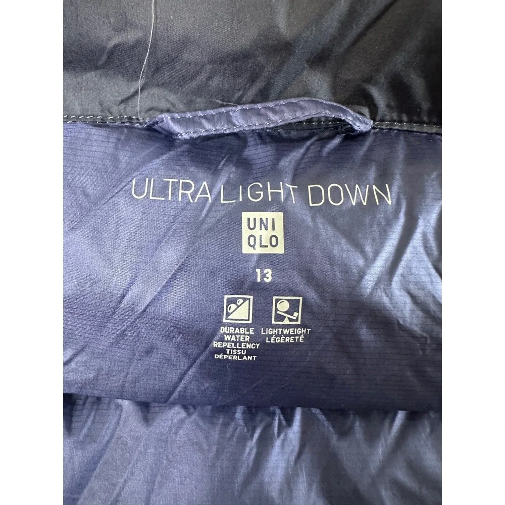 Uniqlo X Marimekko Ultra Light Down Jacket Kids 13 Blue‎ Puffer Packable Bag EUC
